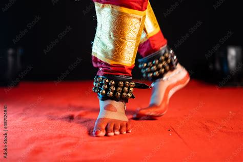 Close Up Shot Of Indian Bharatanatyam Dancer Feet With Ghungroo Kathak