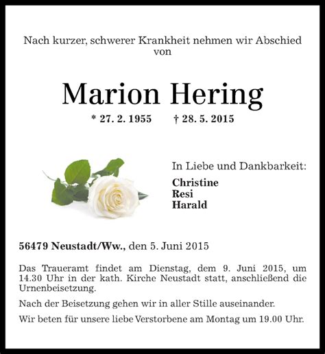 Traueranzeigen Von Marion Hering Rz Trauer De