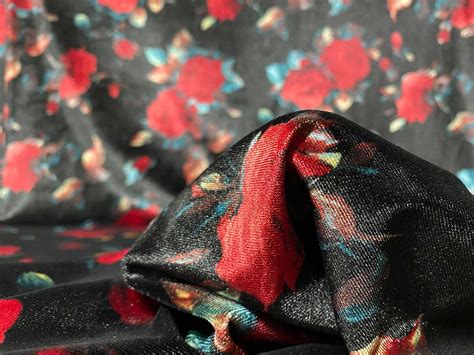 VF226 12 HBR Plush Black Stretch Velvet Fabric With Printed Roses