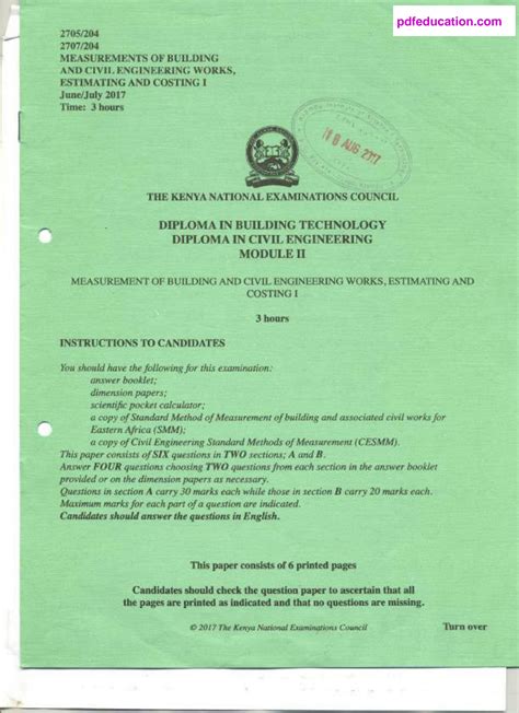 Solution Estimating And Costing I Knec Past Papers 2017 July Studypool