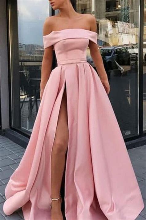 A Line Off The Shoulder Satin High Slit Yellow Prom Dresses Long Formal Dresses On Sale