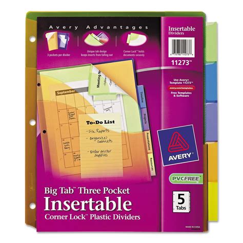 Avery 11273 Big Tab Plastic Dividers Wthree Pockets And Corner Lock 5