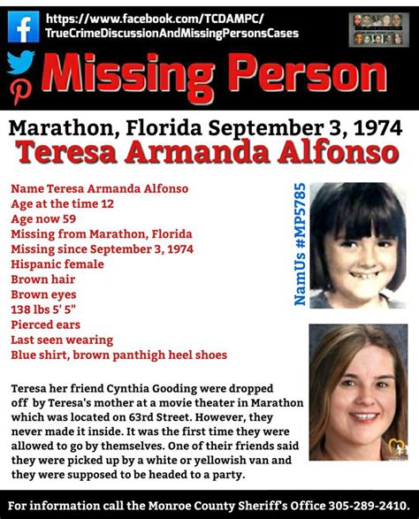 Teresa Armanda Alfonso Missing Florida 9 3 1974 Also Missing Cynthia Gooding Tcdampc