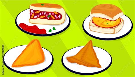 Dabeli,Vada pav,Samosa,Bread Pakoda indian Street Food Vector Stock ...