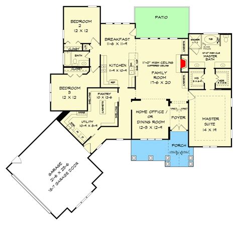 One Story Rustic Craftsman Home Plan With Angled Garage And Home Office Potential 360095dk