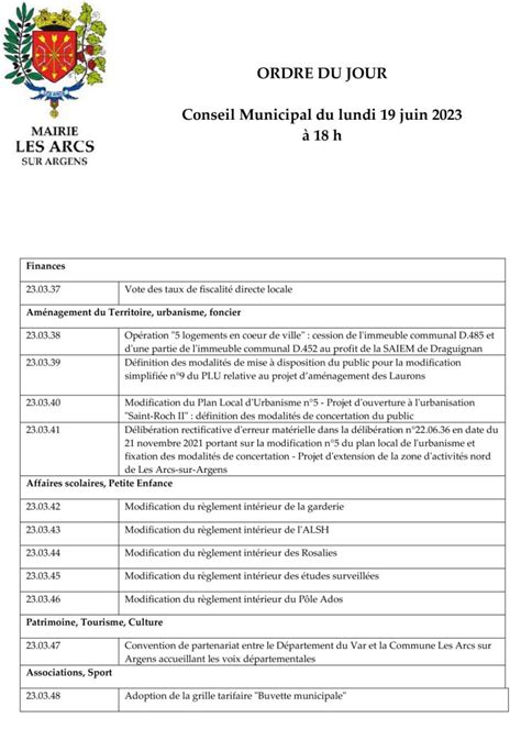 Conseil Municipal Du Lundi Juin Mairie Des Arcs Sur Argens