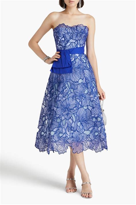 Marchesa Notte Strapless Taffeta Paneled Embroidered Tulle Midi Dress