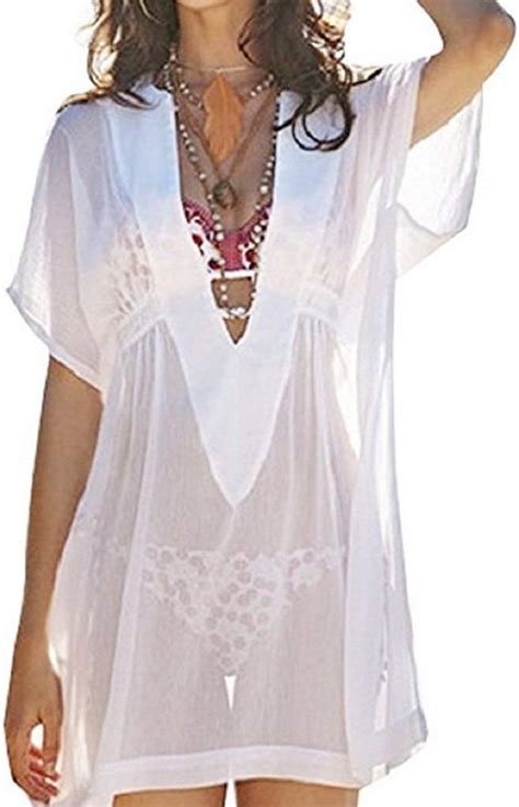 Wander Agio Beach Bikini Covers Sexy Perspective V Neck Dresses Cover Up White At Amazon Womens