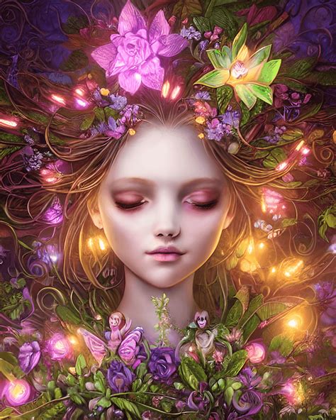 Beautiful Fairy Face With Glowing Lights And Flower Infusion · Creative