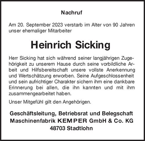 Traueranzeigen Von Heinrich Sicking Sich Erinnern De