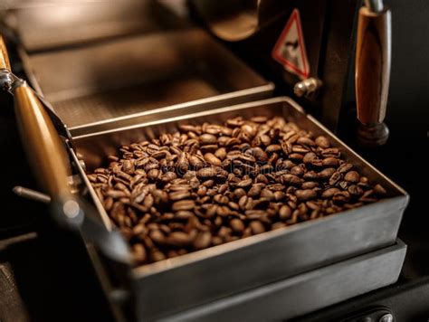 Industrial Coffee Roasting Machine With Brown Coffee Beans Stock Photo