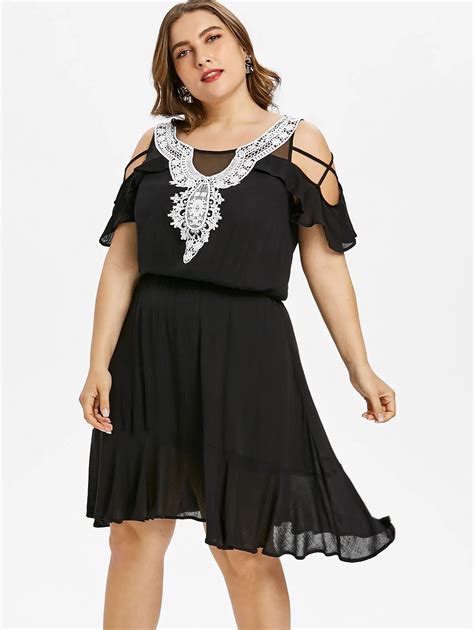 Wipalo Plus Size 5xl Guipure Trim Cold Shoulder Ruffle Dress Women