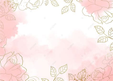 Fundo Floral Esboço Linear Dourado Em Aquarela Rosa Aguarela Rosa