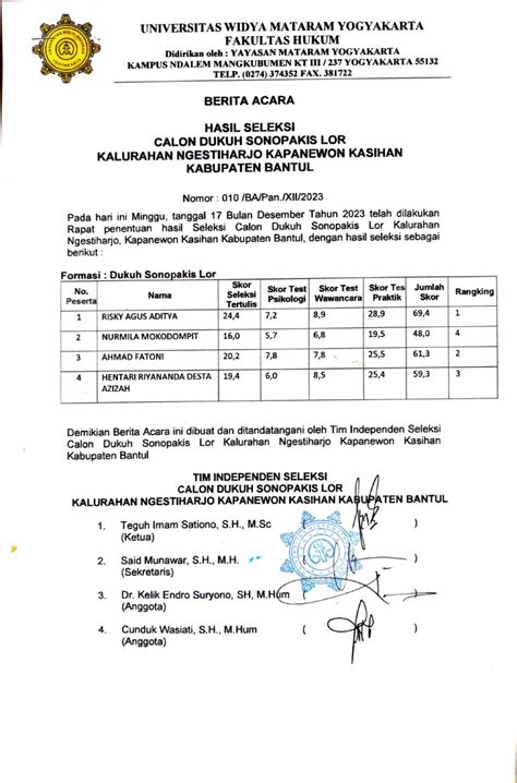 Pengumuman Hasil Seleksi Pamong Kalurahan Website Kalurahan Ngestiharjo