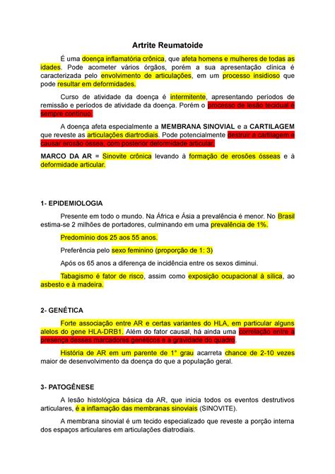 Artrite Reumatoide Resumo Para Rm Artrite Reumatoide Uma Doen A