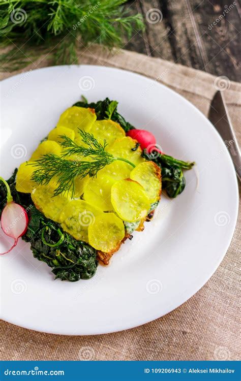 Baked Cod with Potatoes on a White Plate on a Rustic Napkin Stock Image - Image of appetizing ...