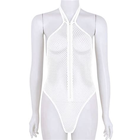 Yizyif Women See Through Lingerie Fishnet Thong Bodysuit Sexy One Piece Lingerie Mesh Halter