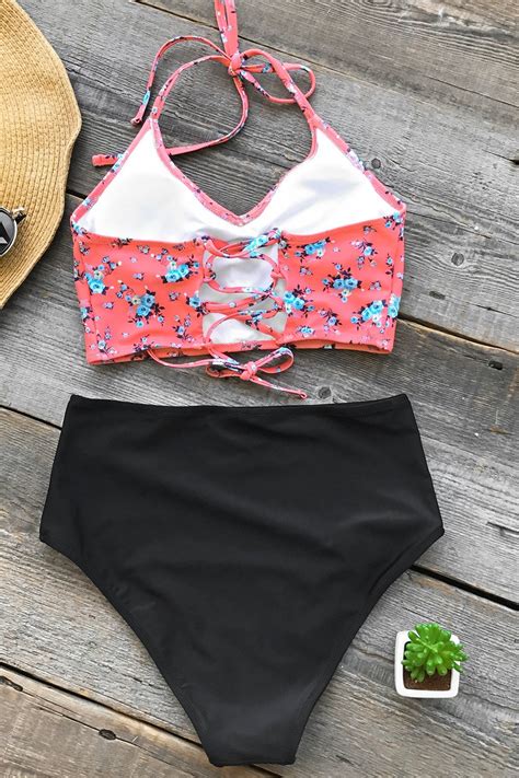CUPSHE Womens Bikini Swimsuit Floral Print Halter Lace Up Two Piece