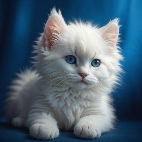 Premium Photo Cute Fluffy White Kitten On Blue Background