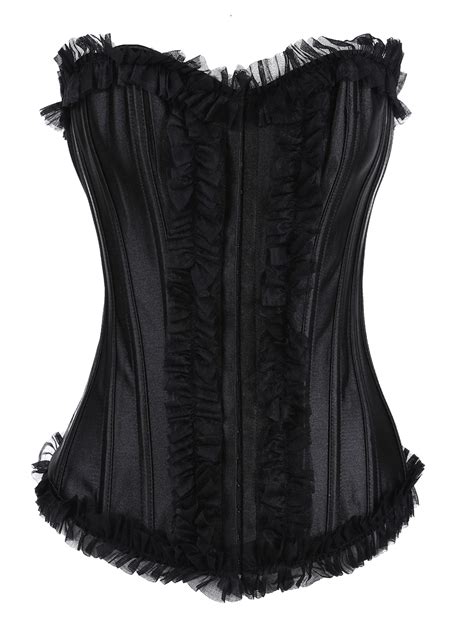 Black Ruffled Trim Zipper Satin Overbust Corsets