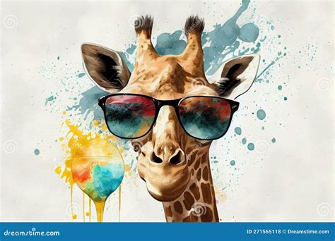 Cool Giraffe With Sunglasses And Graphic Art Illustration Colorfull