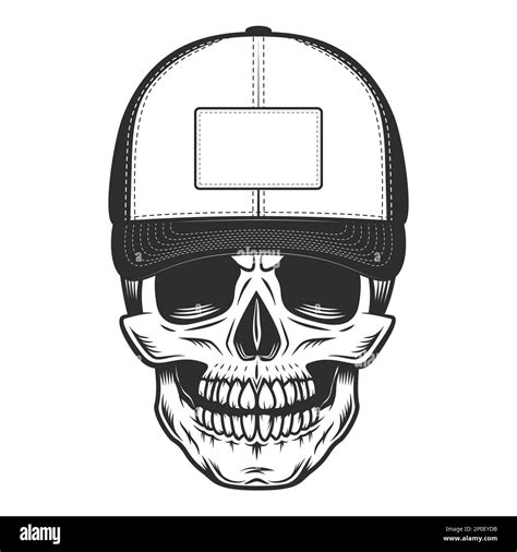 Skull In Baseball Cap In Vintage Monochrome Style Isolated Illustration