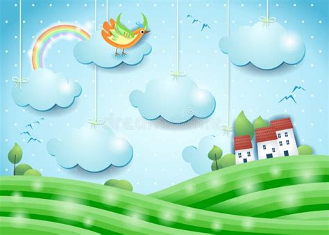 Fantasy Landscape With Bird And Village Paper Art Stock Illustration
