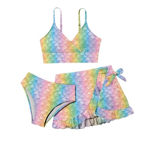 Piece Bikini Swimwear Suit Fish Scale Print Cute Bikini Swimwear With Cover Ups Beach Skirt