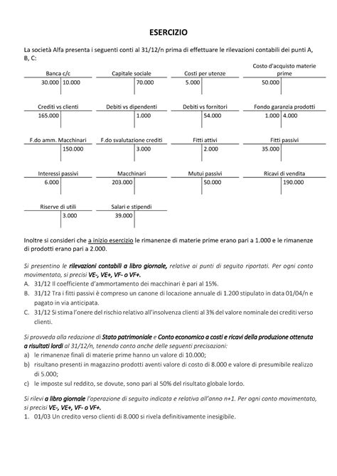 Esercitazione Esercizio La Societ Alfa Presenta I Seguenti Conti