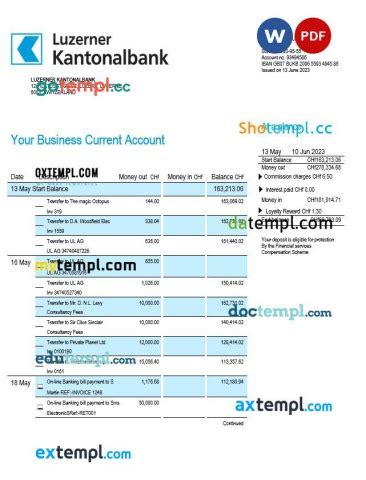 Luzerner Kantonalbank Bank Organization Checking Account Statement Word