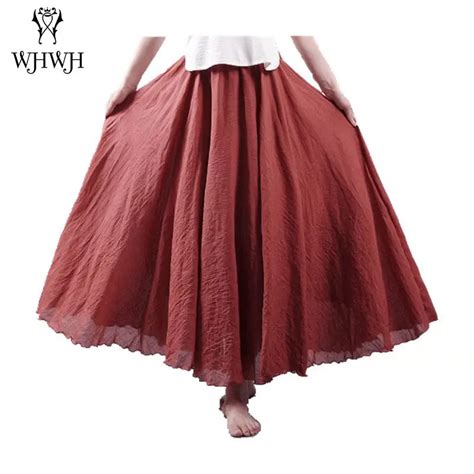 New Women Linen Cotton Long Skirts Elastic Waist Pleated Maxi