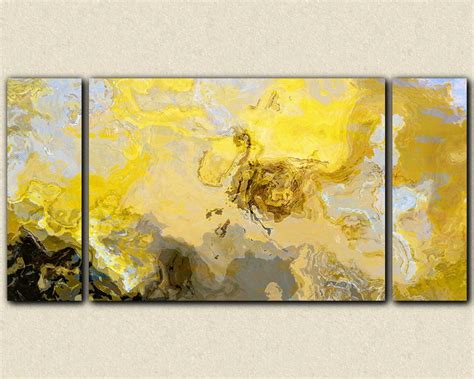 Abstract Art Print Triptych Oversize Canvas Print In Yellow Gray And