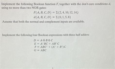 Solved Implement The Following Boolean Function F Together With The