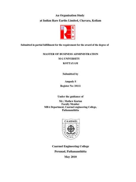 An Organisation Study At Indian Rare Earths Limited Chavara Kollam