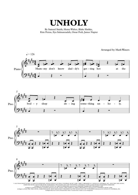 Unholy Arr Mark Waters By Sam Smith Feat Kim Petras Sheet Music For