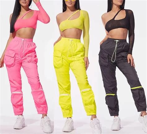 Two Piece Set Mesh One Shoulder Long Sleeve Crop Top Cargo Pants