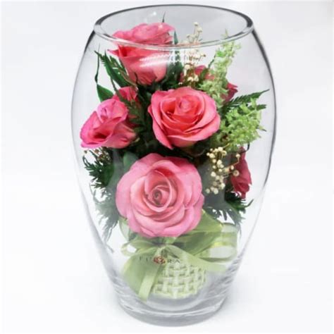 Fiora Flower Long Lasting Pink Roses In A Elliptical Round Glass Vase