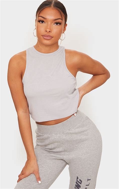 Basic Grey Rib Cropped Vest Tops Prettylittlething Aus