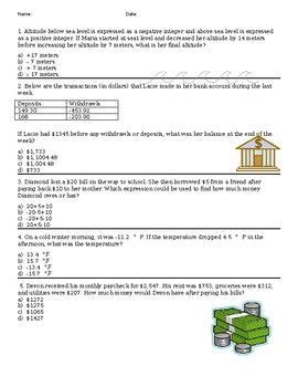 Adding And Subtracting Integers Word Problems Worksheet Printable