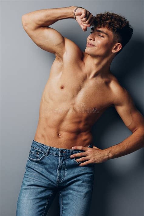Man Athletic Studio Naked Abs Model Background Fitness Muscle Body