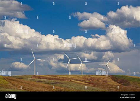 A Wind Farm With Giant Wind Turbines In The Remote Palouse Empire