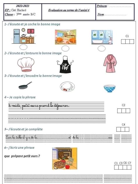 قسم السنة الثالثة ابتدائي Français 3 ème année évaluation unité 4