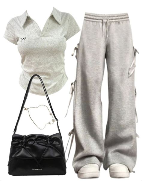 OOTD Short Sleeve Tee Bow Tie Sweatpants Leather Shoulder Bag In