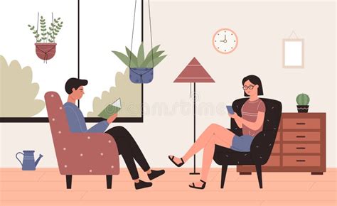 Leisure Home Activity Cartoon Couple Characters Sitting In Armchairs