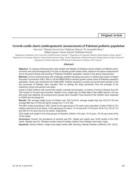 PDF Growth Centile Charts Anthropometric Measurements Of Pakistani