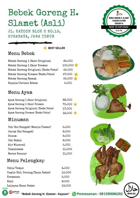 Carta Del Restaurante Bebek Goreng H Slamet Asli Kayoon Surabaya