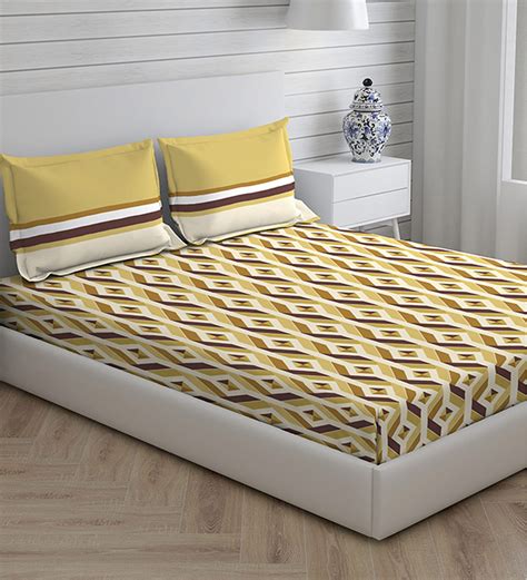 Buy Beige Geometric 104 Tc Cotton Queen Sized Bed Sheets With 2 Pillow