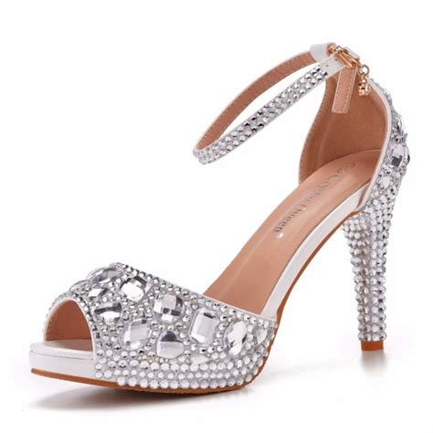 Silver Peep Toe Heels With Rhinestones