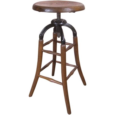 Vintage Industrial Wood And Cast Iron Adjustable Drafting Stool At