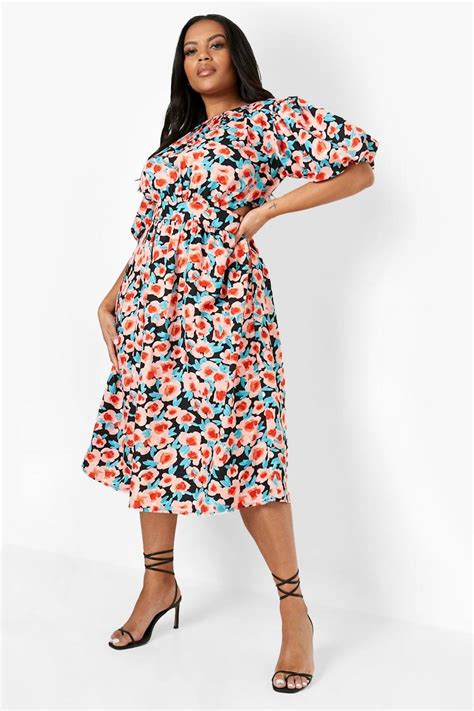 Womens Plus Floral Puff Sleeve Midi Dress Boohoo Uk